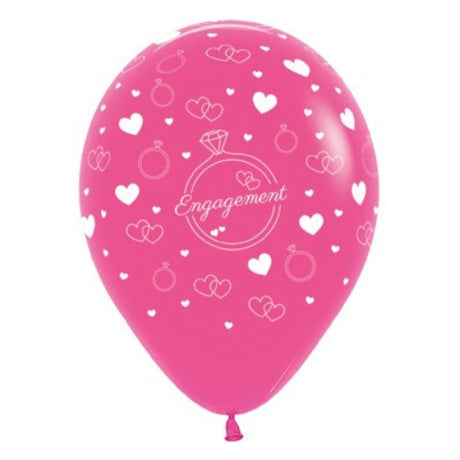 Pack of 6 fuchsia balloons with diamond and ring designs for engagement celebrations, 30cm size, durable latex.