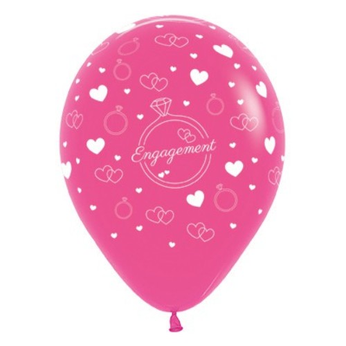 Pack of 6 fuchsia balloons with diamond and ring designs for engagement celebrations, 30cm size, durable latex.