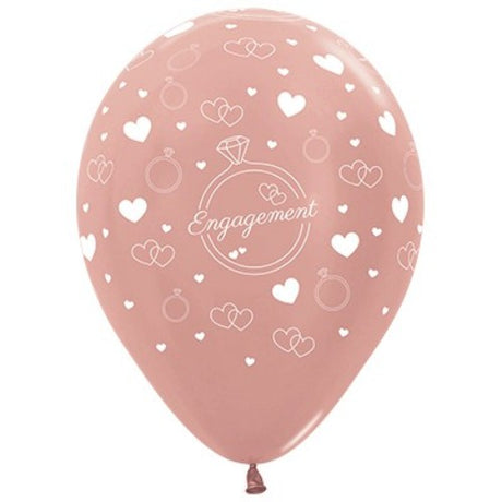 30cm rose gold metallic latex balloons with diamond rings and hearts, perfect for engagements and celebrations, pack of 6
