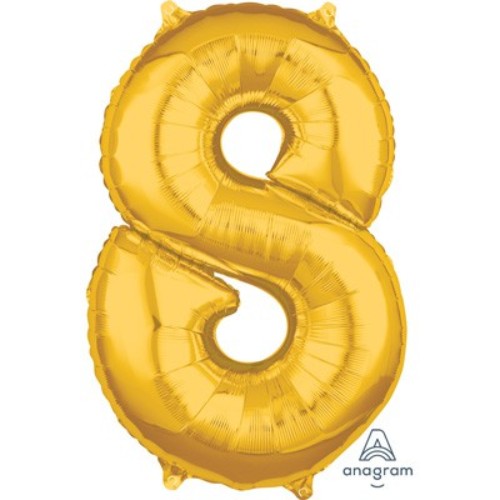 Gold foil number eight balloon, 66cm, perfect for parties, self-sealing, air or helium fill, stylish celebration décor.