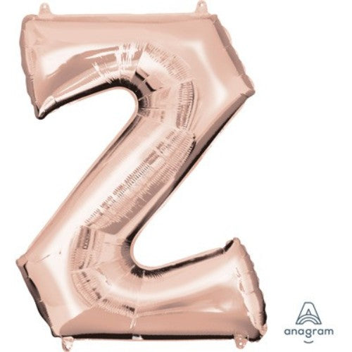 Rose gold letter Z balloon, 81cm, self-sealing, suitable for air or helium filling.