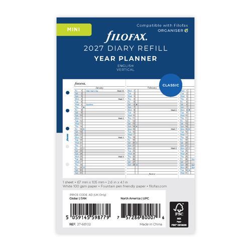 2027 Filofax Year Planner Vertical Mini Organiser Refill