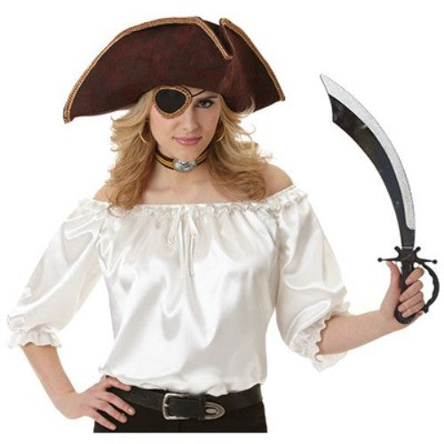 White ivory satin pirate ladies' blouse with flowing silhouette, perfect for costume parties and versatile styling.