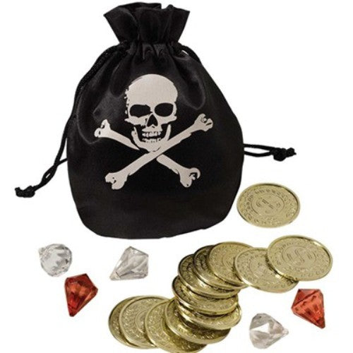 Pirate Coin and Pouch Set featuring 12 gold-toned coins and 5 colorful gems for imaginative play and treasure hunts.