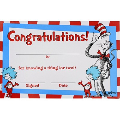 Colorful Dr Seuss Cat in the Hat certificates, perfect for recognizing achievements at schools and events, pack of 12.