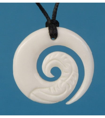 Bone etched Koru pendant celebrating Maori culture, handcrafted, 28mm, symbolizing new beginnings and regeneration.