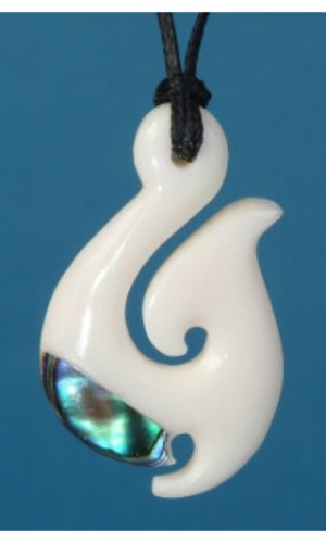 Handcrafted Kiwiana Bone Fish Hook Pendant with paua shell inlay, symbolizing prosperity and safe travels.