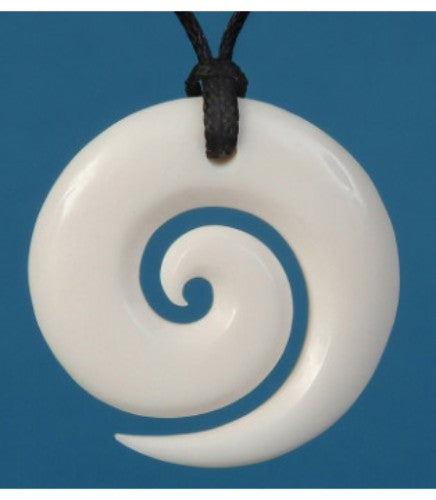 Bone Koru Pendant, 27mm, crafted from bone, features Koru design symbolizing growth, on adjustable black cord.