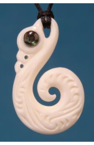 Handcrafted Bone Manaia Pendant featuring Paua Eye and Koru design, symbolizing protection and new beginnings.