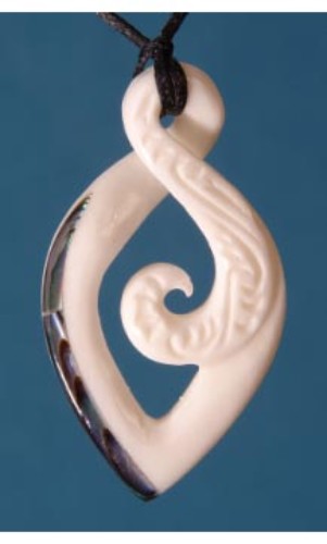 Bone Twist Koru Pendant featuring unique twist design and Paua shell, symbolizing life's journey and M?ori heritage.