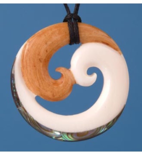 Bone Double Koru Pendant featuring Maori design, crafted from high-quality bone with Paua shell inlay and adjustable cord.