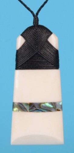 Medium Toki Pendant featuring bone and Paua shell inlay, symbolizing Maori heritage and craftsmanship.