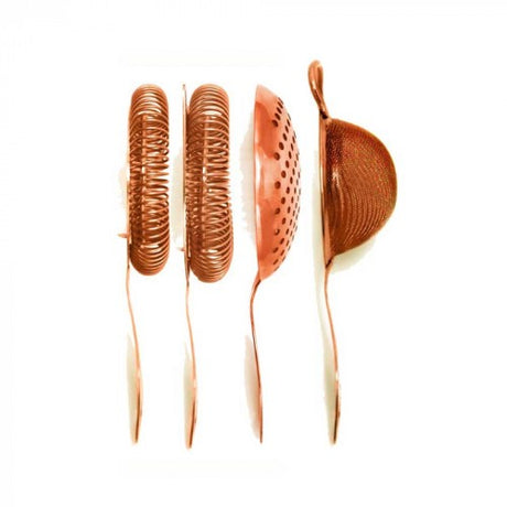 Copper strainer set including Julep, Hawthorne, and fine strainers, made of durable 304 stainless steel by Bonzer.