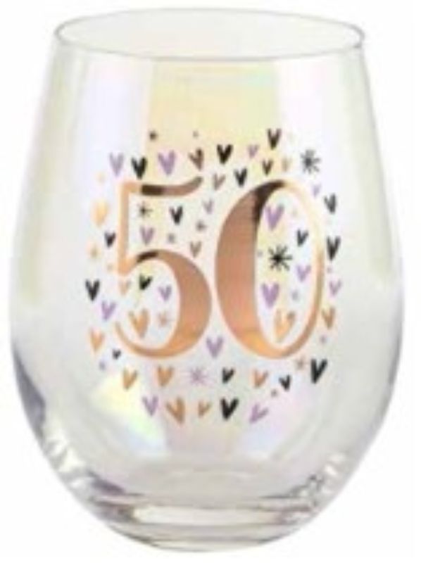 50th Rainbow Pastel Heart Stemless Wine Glass 600ml