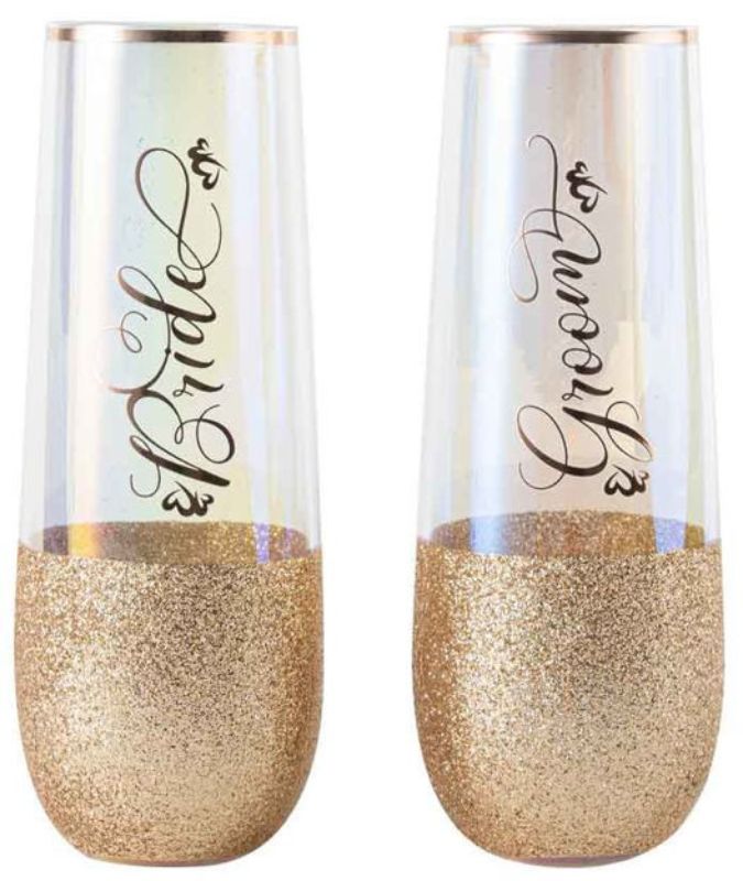 STEMLESS CHAMPAGNE Glass - BRIDE GROOM GLITTERATTI (2PK)