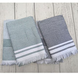 Set of 2 sea foam striped kitchen towels by BAKSANA, made from eco-friendly cotton, perfect for drying and cooking.