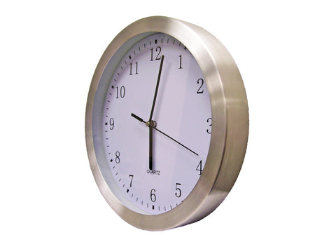 Stylish 10-inch aluminium clock with brushed rim, clear numbers, and a modern design, perfect for home decor or gifting.