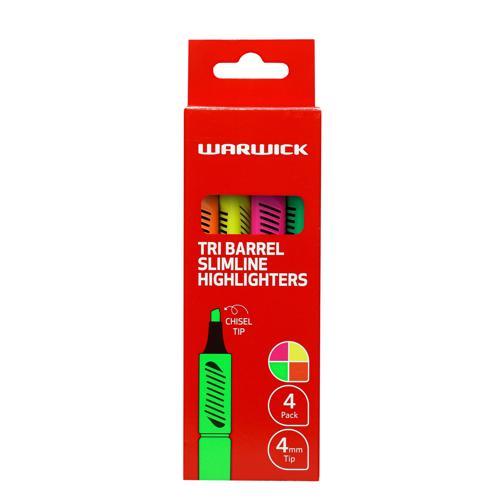 Tri-Barrel Slimline Highlighters Assorted 4 Pack Warwick