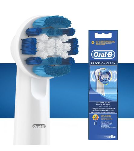 Oral-B Precision Clean Replacement Brush Heads in a 2-pack for effective plaque removal and gentle cleaning for sensitive gums.