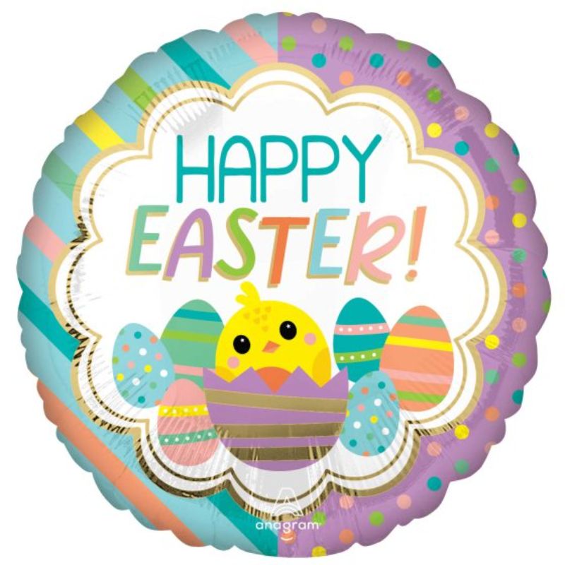 Vibrant 45cm Easter balloon featuring a cheerful chick design with stripes and dots, perfect for festive celebrations.