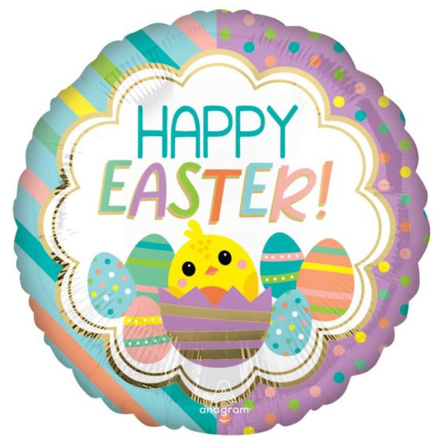 Vibrant 45cm Easter balloon featuring a cheerful chick design with stripes and dots, perfect for festive celebrations.