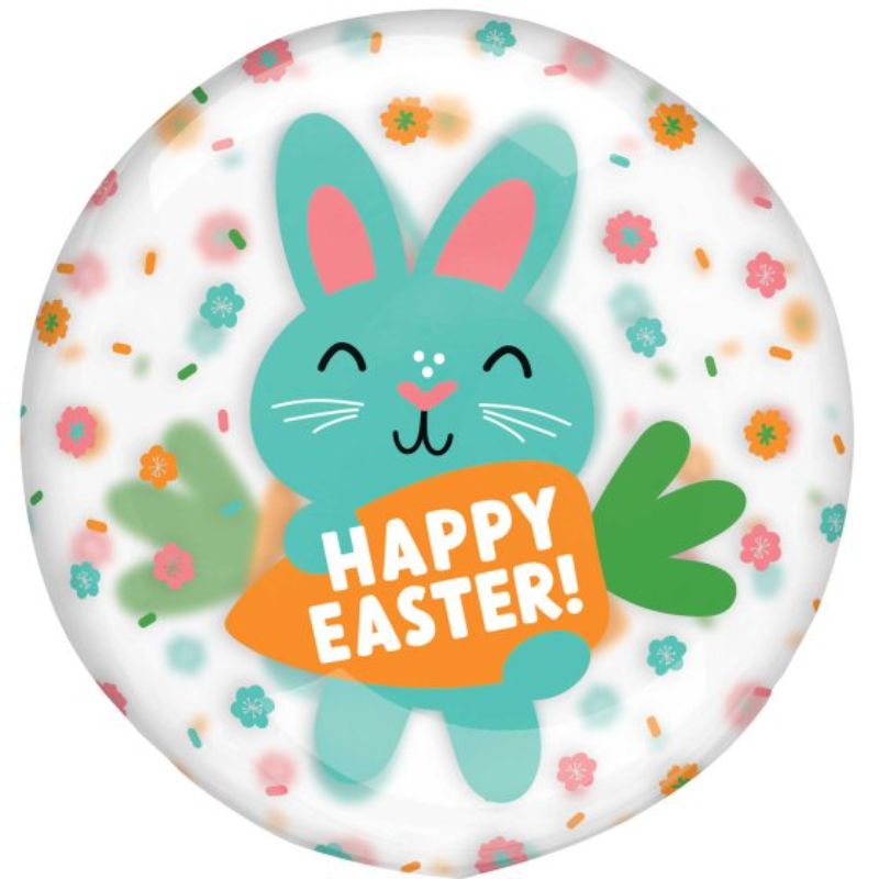 Happy Easter balloon featuring cute bunnies, inflates to 45-50cm, perfect for festive decorations and celebrations.
