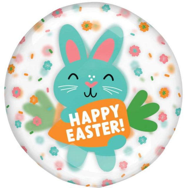 Happy Easter balloon featuring cute bunnies, inflates to 45-50cm, perfect for festive decorations and celebrations.