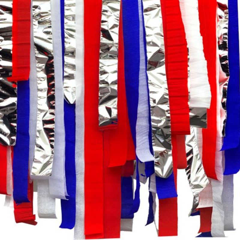 Pack of 6 red, white, and blue streamers in crepe paper and foil, perfect for patriotic celebrations and events.