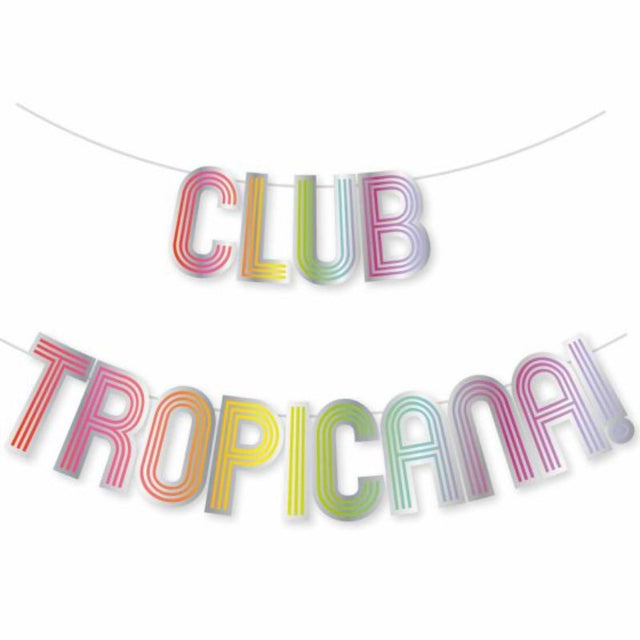 Colorful 2m Club Tropicana Letter Banner, perfect for tropical parties and summer celebrations, made of durable cardboard.