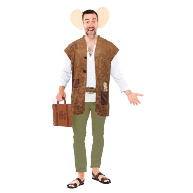 Men's XL BFG costume featuring a mock waistcoat, ear headband, bag, and bookmark, perfect for Halloween and themed events.