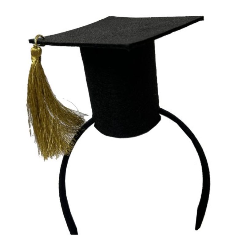 Stylish black and gold mortarboard headband for graduation, perfect for celebrating academic achievements.