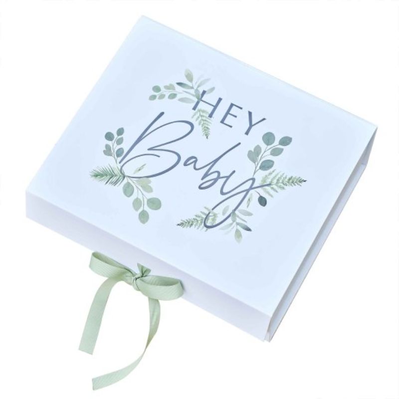 Eco-friendly Botanical Baby gift box with sage green ribbon, perfect for new parents and baby showers.