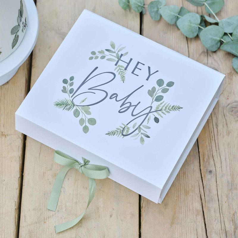 Eco-friendly Botanical Baby Hey Baby Gift Box with sage ribbon, perfect for new parents and baby showers.