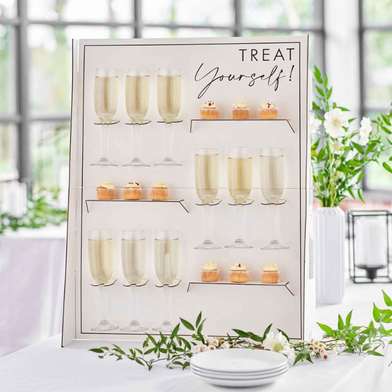 Contemporary wedding drink and canape stand holder, 70cm high, 56cm wide, ideal for elegant receptions and easy guest access.