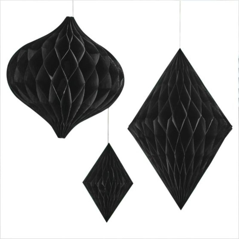 Contemporary black honeycomb paper decorations in three sizes for stylish wedding decor. Perfect for any celebration.
