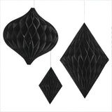 Contemporary black honeycomb paper decorations in three sizes for stylish wedding decor. Perfect for any celebration.
