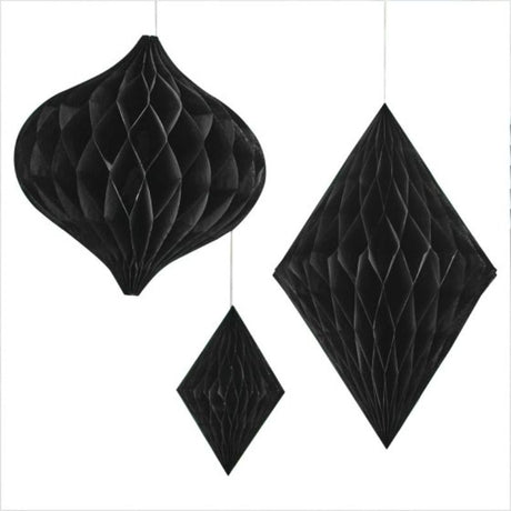 Contemporary black honeycomb paper decorations in three sizes for stylish wedding decor. Perfect for any celebration.