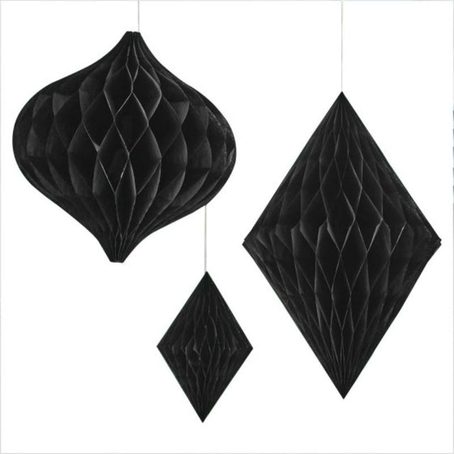 Contemporary black honeycomb paper decorations in three sizes for stylish wedding decor. Perfect for any celebration.