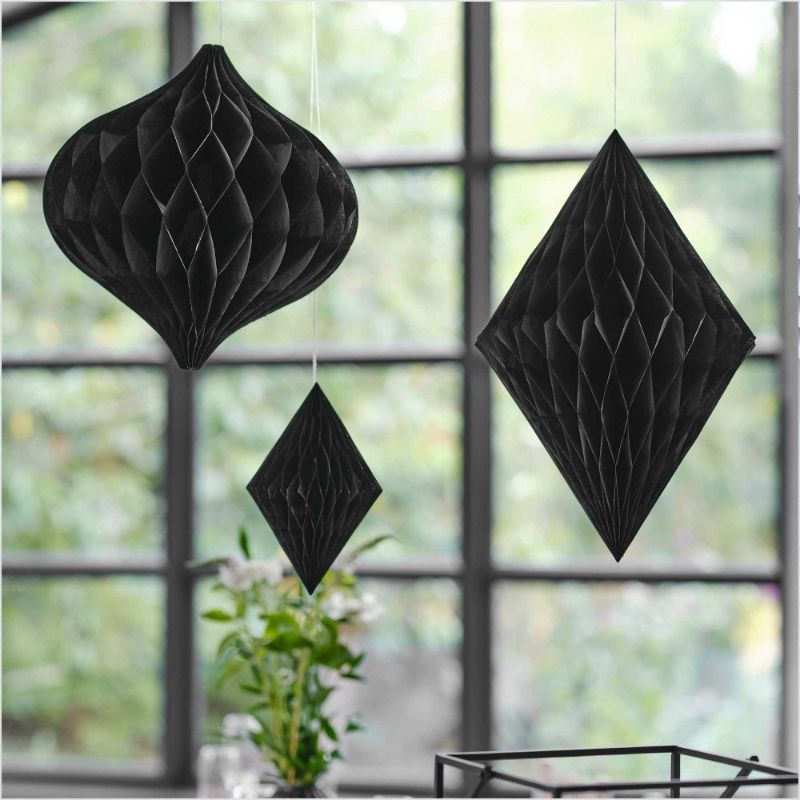 Contemporary black honeycomb paper hanging decorations pack of 3 in varied sizes for elegant wedding decor.
