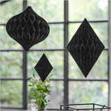 Contemporary black honeycomb paper hanging decorations pack of 3 in varied sizes for elegant wedding decor.