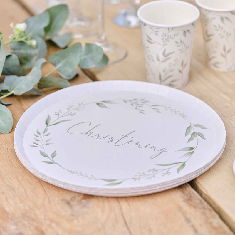 Christening White & Green Paper Plates NPC - Pack of 8