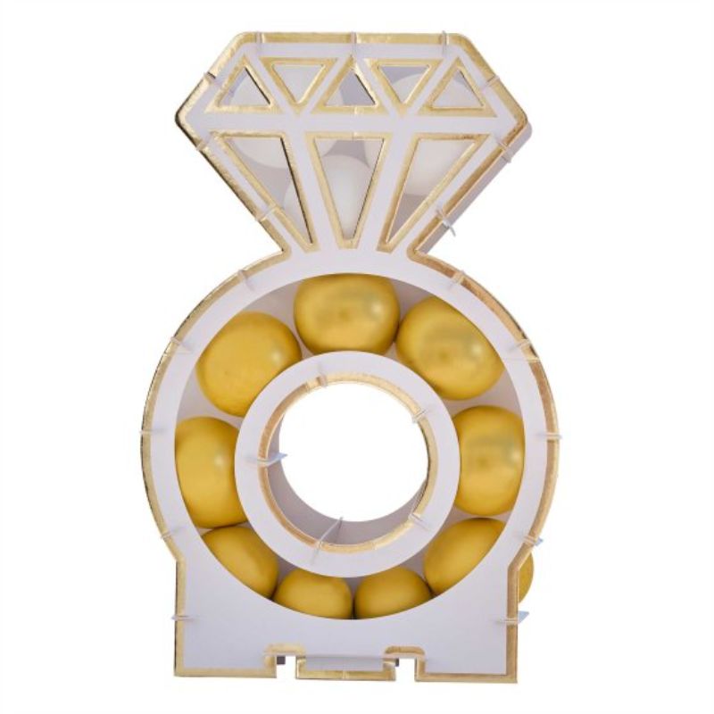 Engagement Ring Balloon Mosaic Stand with 10 white and 20 gold balloons, perfect for proposal or engagement celebrations.
