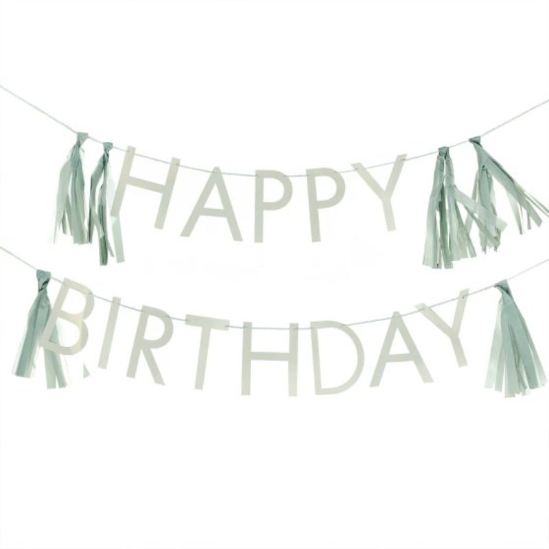 Sage green birthday bunting with tassels, 1.5m long for festive decorations.