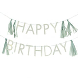 Sage green birthday bunting with tassels, 1.5m long for festive decorations.