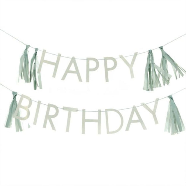 Sage green birthday bunting with tassels, 1.5m long for festive decorations.