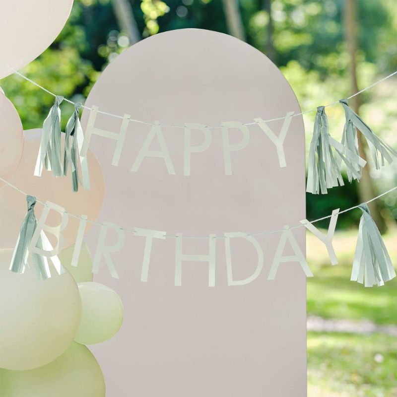 Sage green birthday bunting decoration with tassels, 1.5m long for festive celebrations.