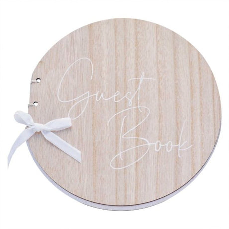 Sage green round wooden guest book with 32 blank pages and cream ribbon for capturing wedding memories.