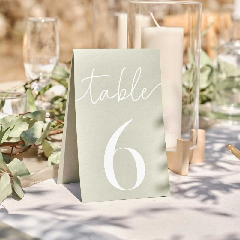 Elegant sage wedding table numbers 1-12, 18cm x 11cm, for stylish seating at receptions and celebrations.