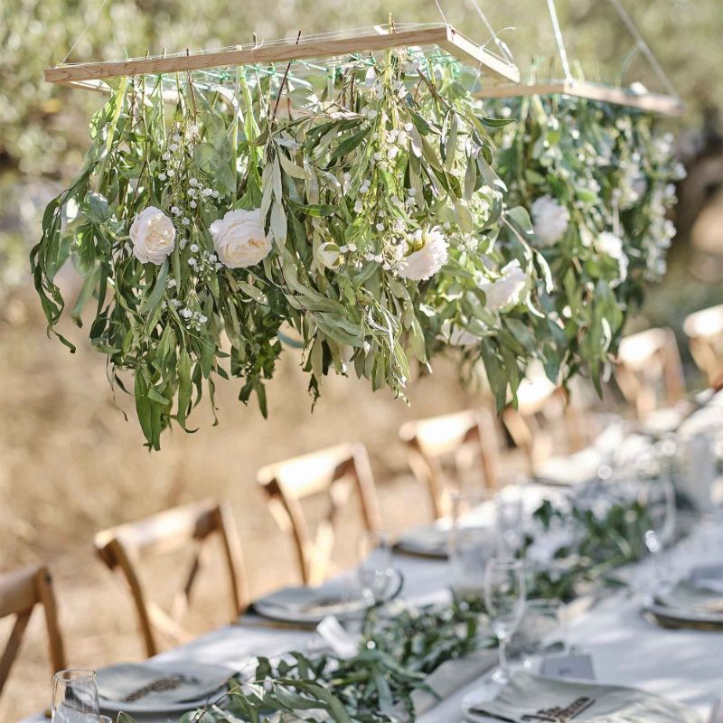 Sage Wedding Wooden Foliage Hanging Grid showcasing greenery and floral decor, perfect for rustic wedding backdrops.