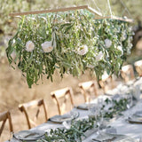 Sage Wedding Wooden Foliage Hanging Grid showcasing greenery and floral decor, perfect for rustic wedding backdrops.
